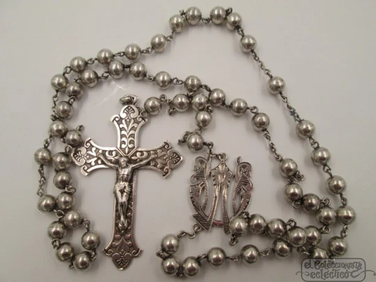 Rosary with bracelet. Sterling silver. Ball beads. 1950's. Spain