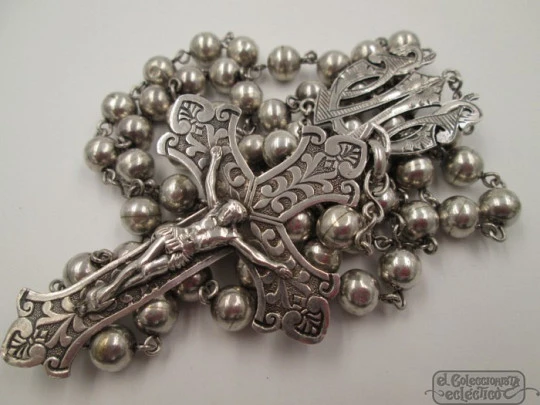 Rosary with bracelet. Sterling silver. Ball beads. 1950's. Spain