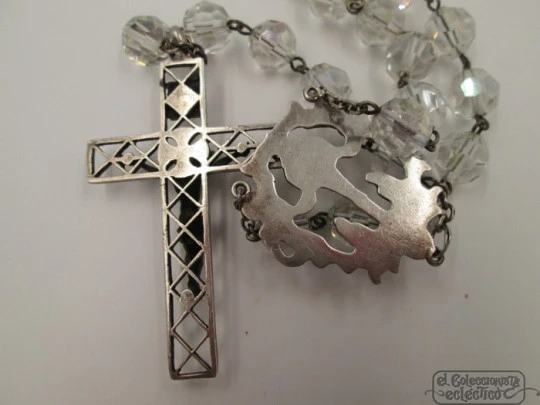 Rosary. Silver and rock crystal. 1930's. Medal and openwork cross