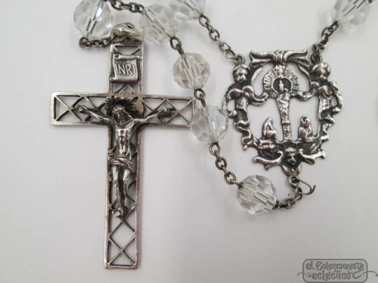 Rosary. Silver and rock crystal. 1930's. Medal and openwork cross