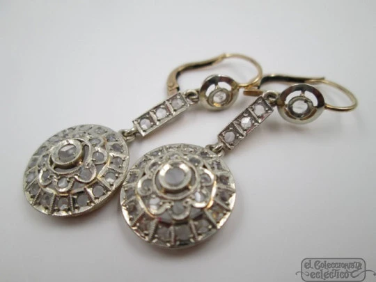 Rosette earrings. Yellow gold & white sapphires. 1930's. Platinum view