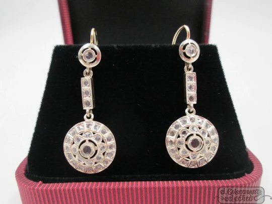 Rosette earrings. Yellow gold & white sapphires. 1930's. Platinum view