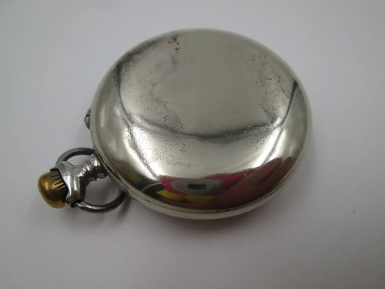Roskopf Prim. Silver plated metal. 1900. Swiss. Stem-wind / Pin-set