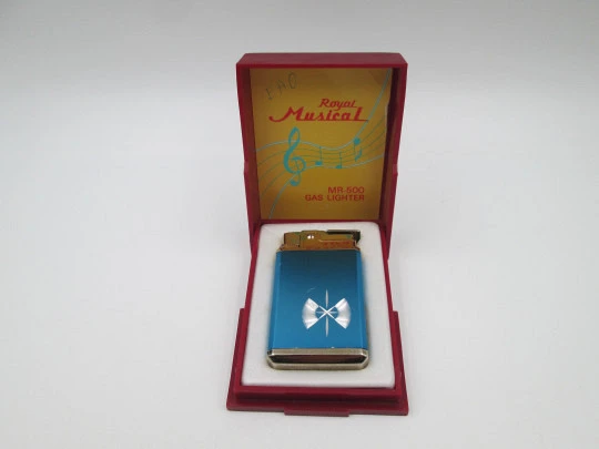 Royal MR-500 musical butane pocket lighter. Bitone metal. Original box. Japan. 1960's