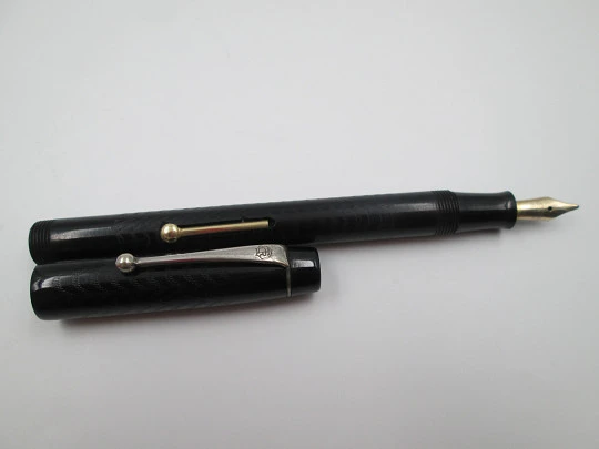 Royal. Black hard rubber and bitone metal. 14 karat gold nib. Lever filler. USA. 1920's