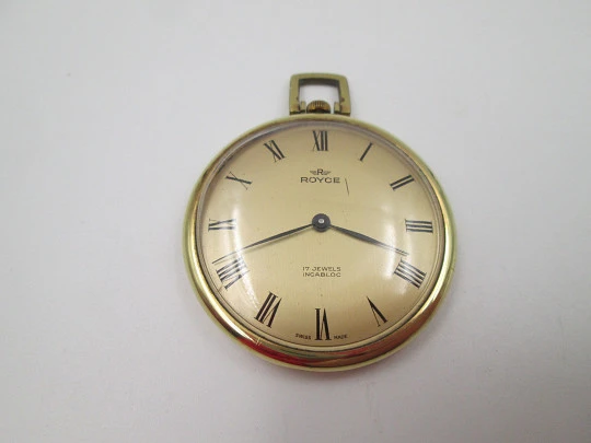 Royce. Gold plated case (Silvan Kocher). Manual wind. Press back. Golden dial. 1960's