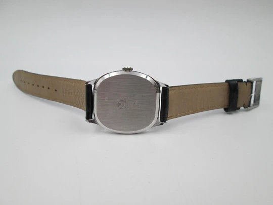 Royce. Stainless steel. Manual wind. Calendar. Black dial. Strap. 1970's. Swiss