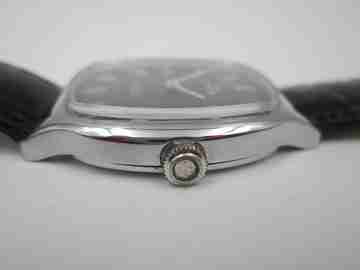 Royce. Stainless steel. Manual wind. Calendar. Black dial. Strap. 1970's. Swiss