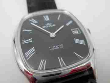 Royce. Stainless steel. Manual wind. Calendar. Black dial. Strap. 1970's. Swiss