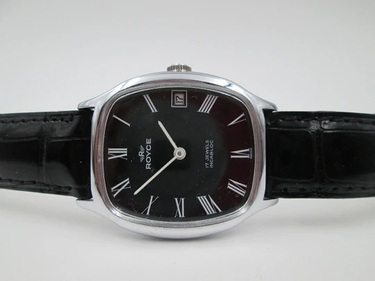 Royce. Stainless steel. Manual wind. Calendar. Black dial. Strap. 1970's. Swiss