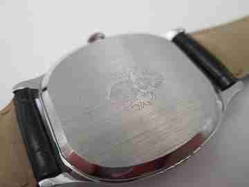 Royce. Stainless steel. Manual wind. Calendar. Black dial. Strap. 1970's. Swiss