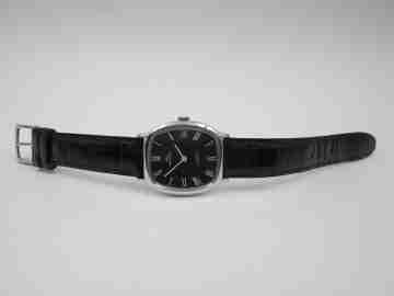 Royce. Stainless steel. Manual wind. Calendar. Black dial. Strap. 1970's. Swiss