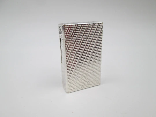 S. T. Dupont Paris lighter. Silver plated. Diagonal pattern. France. 1990's