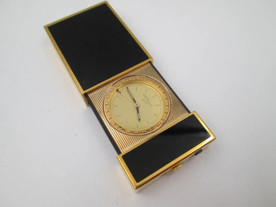 S. T. Dupont Paris travel clock with alarm. Chinese lacquer and gold plated. Quartz. 1980's