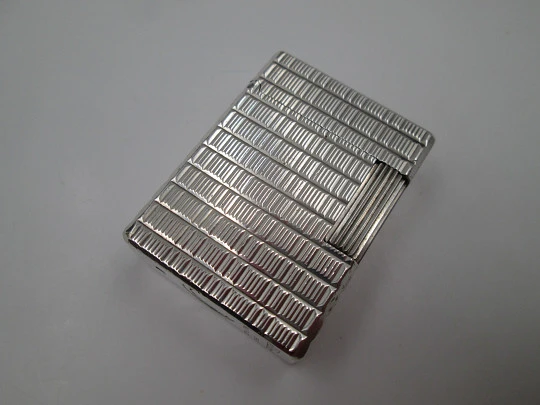 S.T. Dupont Paris gas lighter. Sterling silver rolled. Lines pattern. Box. France