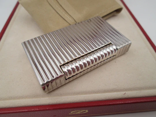 S.T. Dupont Paris gas lighter. Sterling silver rolled. Lines pattern. Original box