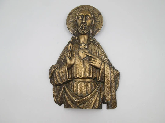 Sacred Heart of Jesus large protective door plaque. Golden metal. High relief. 1950's Sacred Heart of Jesus large protective door plaque. Golden metal. High relief. 1950's