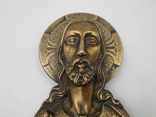 Sacred Heart of Jesus large protective door plaque. Golden metal. High relief. 1950's Sacred Heart of Jesus large protective door plaque. Golden metal. High relief. 1950's