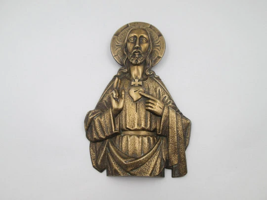 Sacred Heart of Jesus large protective door plaque. Golden metal. High relief. 1950's