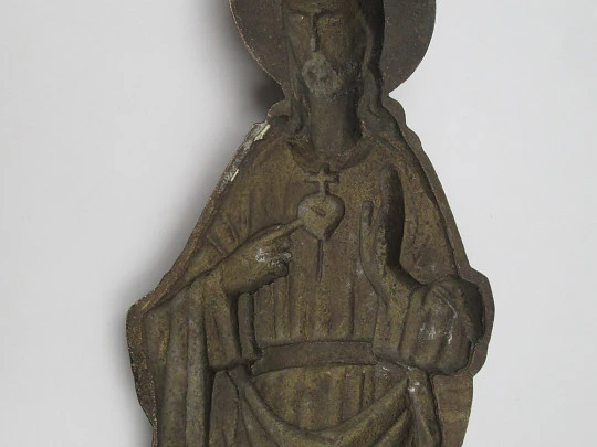 Sacred Heart of Jesus large protective door plaque. Golden metal. High relief. 1950's Sacred Heart of Jesus large protective door plaque. Golden metal. High relief. 1950's