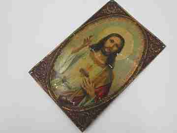 Sacred Heart of Jesus plaque. Lithographed tinplate. 1940. Barña