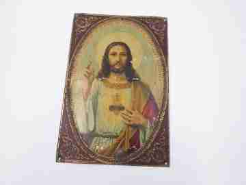 Sacred Heart of Jesus plaque. Lithographed tinplate. 1940. Barña