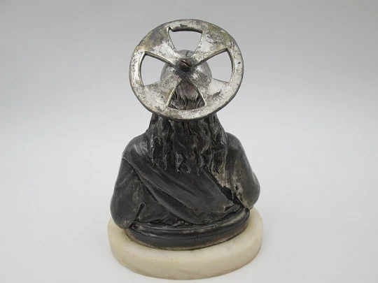 Sacred Heart of Jesus sculpture. Pewter and white marble oval stand. Spain. 1940's