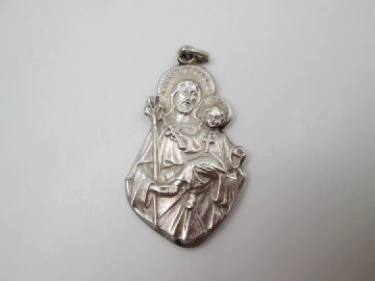 Saint Joseph of the Mountain with the Child medal. Sterling silver. Ring & hole. 1940's