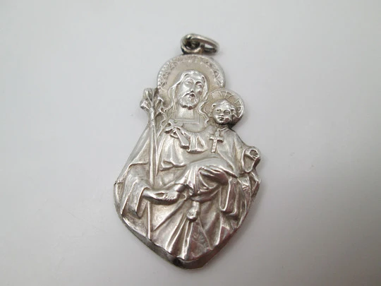 Saint Joseph of the Mountain with the Child medal. Sterling silver. Ring & hole. 1940's