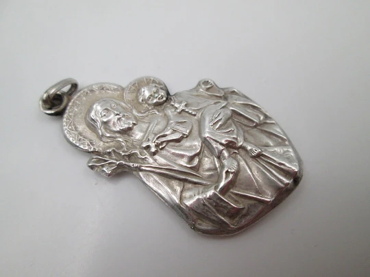 Saint Joseph of the Mountain with the Child medal. Sterling silver. Ring & hole. 1940's