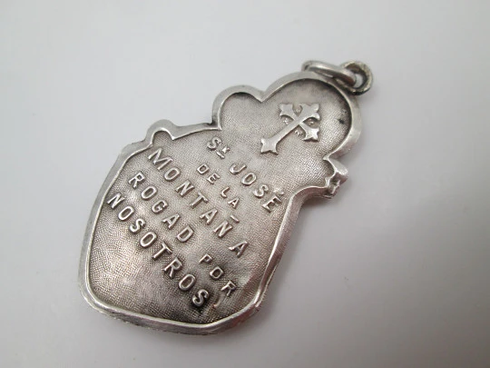 Saint Joseph of the Mountain with the Child medal. Sterling silver. Ring & hole. 1940's