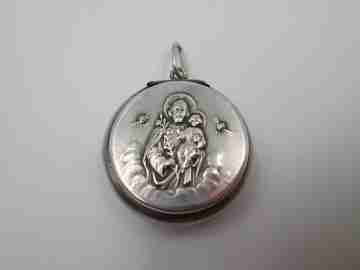 Saint Joseph with Child round rosary box. Sterling silver. Front lid. Ring on top. 1950's
