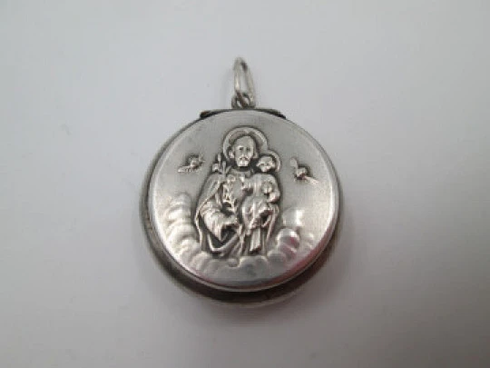 Saint Joseph with Child round rosary box. Sterling silver. Front lid. Ring on top. 1950's