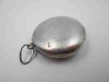 Saint Joseph with Child round rosary box. Sterling silver. Front lid. Ring on top. 1950's