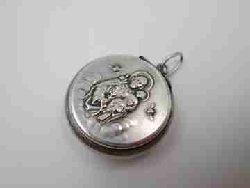 Saint Joseph with Child round rosary box. Sterling silver. Front lid. Ring on top. 1950's