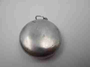 Saint Joseph with Child round rosary box. Sterling silver. Front lid. Ring on top. 1950's