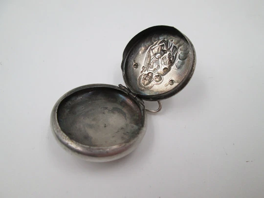 Saint Joseph with Child round rosary box. Sterling silver. Front lid. Ring on top. 1950's