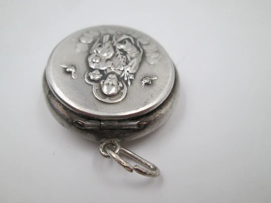 Saint Joseph with Child round rosary box. Sterling silver. Front lid. Ring on top. 1950's