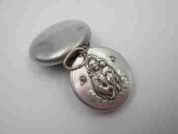 Saint Joseph with Child round rosary box. Sterling silver. Front lid. Ring on top. 1950's