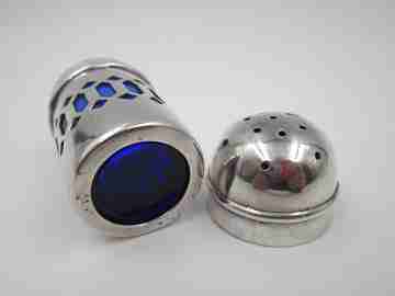 Salt & pepper shaker. 925 sterling silver and blue crystal. 1980's. Openwork design