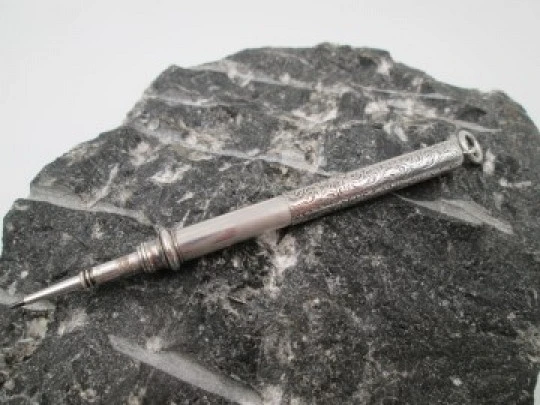 Sampson Mordan mechanical propelling twist pencil. Silver. Vegetable motifs