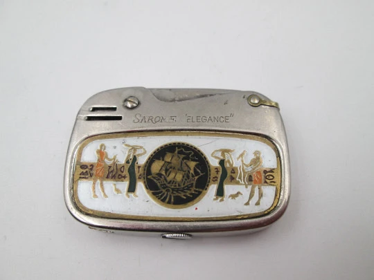 Sarome Elegance pocket petrol lighter. Silver plated brass. Egyptian scene. Japan. 1950's