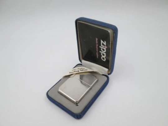 Satin sterling silver Zippo petrol lighter. 1941 replica model. Box & instructions