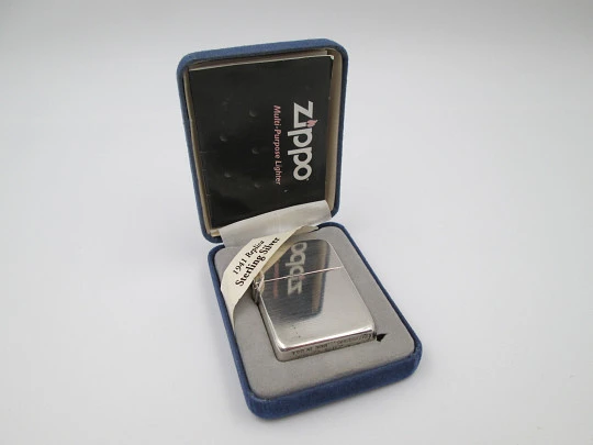 Satin sterling silver Zippo petrol lighter. 1941 replica model. Box & instructions