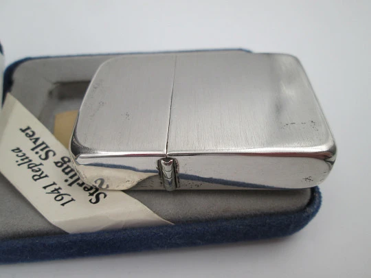 Satin sterling silver Zippo petrol lighter. 1941 replica model. Box & instructions