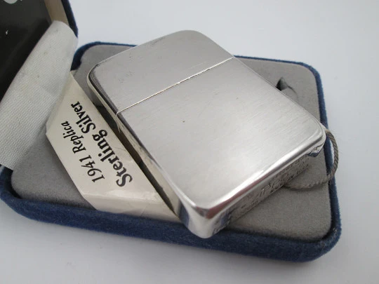 Satin sterling silver Zippo petrol lighter. 1941 replica model. Box & instructions