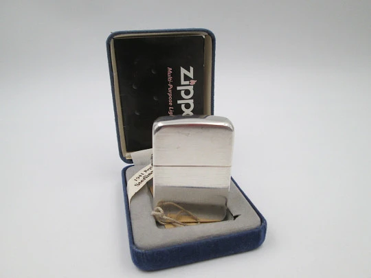 Satin sterling silver Zippo petrol lighter. 1941 replica model. Box & instructions