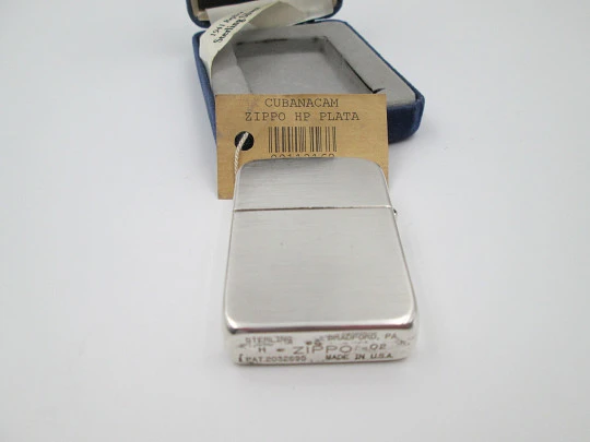 Satin sterling silver Zippo petrol lighter. 1941 replica model. Box & instructions