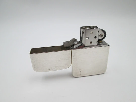 Satin sterling silver Zippo petrol lighter. 1941 replica model. Box & instructions