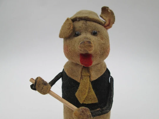 Schuco pied piper pig toy. Tinplate and colours felt. Clockwork mechanism. Germany. 1930's